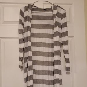 White and Grey horizontal striped hooded duster